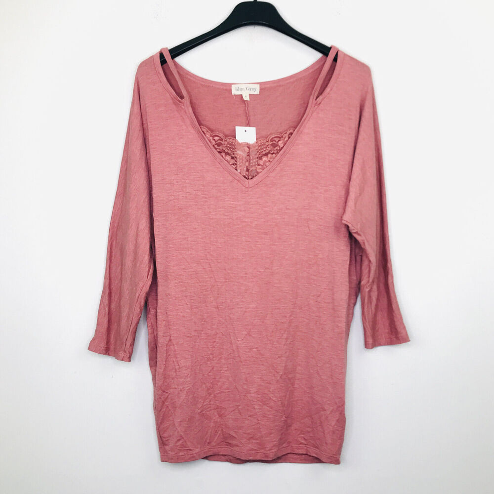 Blue/Grey Women's Small Shirt Pink V-Neck Lace Trim Cut Out Tunic Top NWT CA8